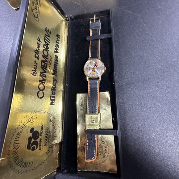 NICE! Bradley 50th Anniversary Mickey Mouse Round Gold Black Leather Watch J1975 - Picture 2 of 7